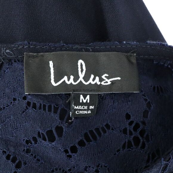 Lulus Top Womens Medium Navy Blue Lace Yoke Crepe Blouse Pullover Romantic - Picture 3 of 15